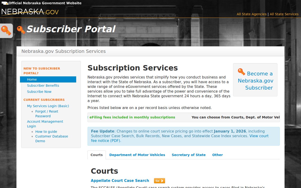Wayne County docket search Nebraska subscriber fee information