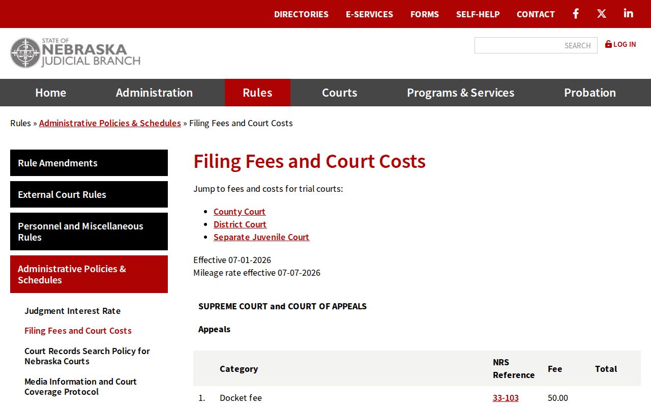 Wayne County civil docket Nebraska court filing fees page