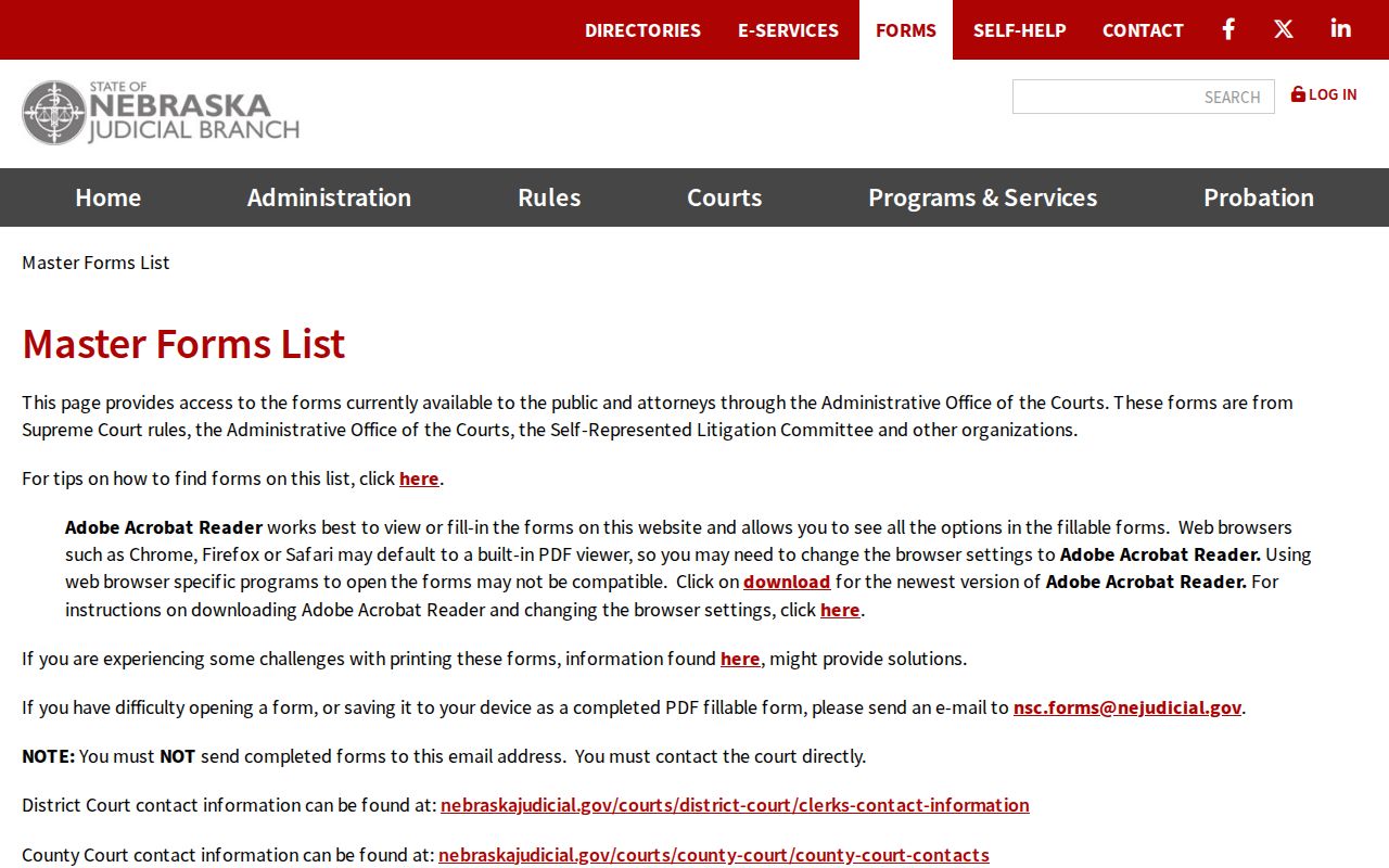 Winside court records reference showing the Nebraska Judicial Branch forms index